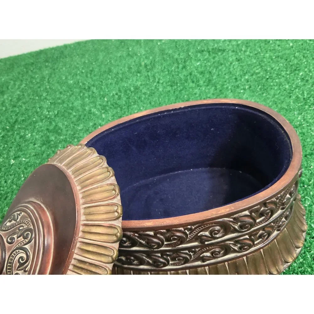 Vintage Ornate Bronze Tone Resin Trinket Box Large Oval Storage Container with